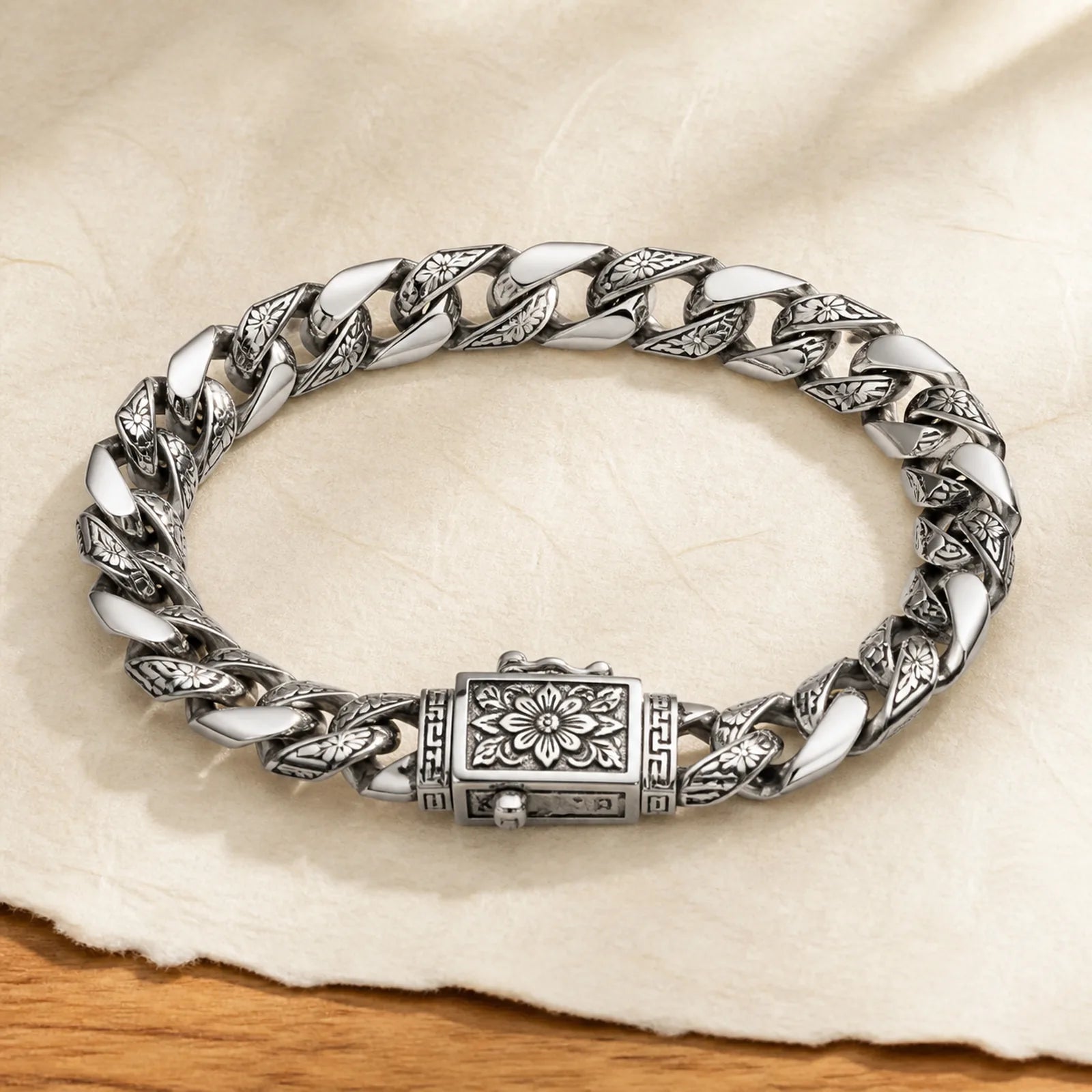 Chain Copper Tang Dynasty Flower Design Braided Luck Cuban Bracelet featuring Copper, Tang Dynasty Flower Design, Lotus