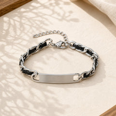 Chain Leather Inlay Bar Plate Braided Leather Strengthen Cuban Bracelet featuring Titanium Steel