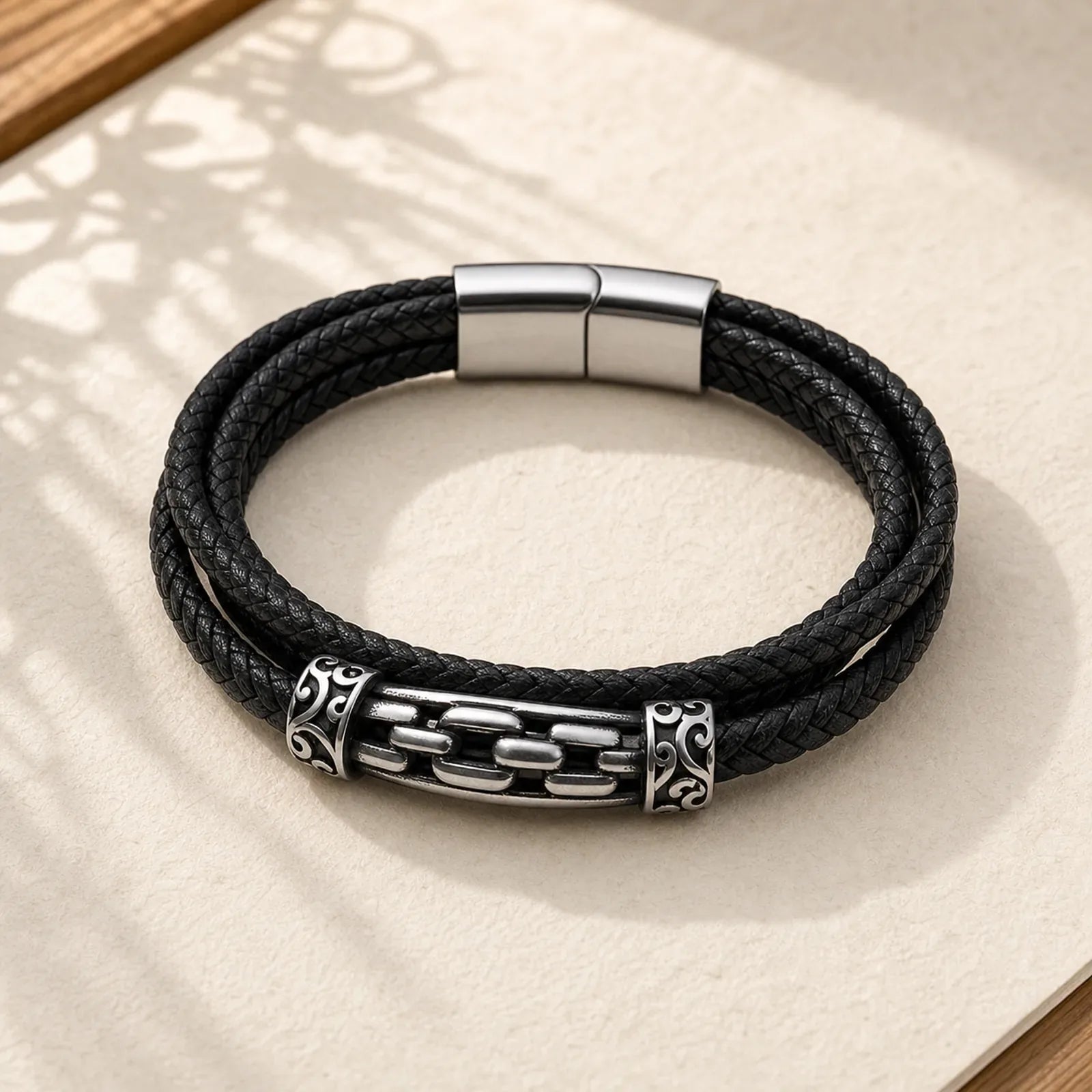 Chain Link Design Titanium Steel Multi-layer Leather Balance Braided Bracelet featuring Titanium Steel