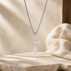Chakra Symbol Irregular Design Lotus Stainless Steel Enlightenment Necklace Pendant featuring Lotus, Lotus Symbol