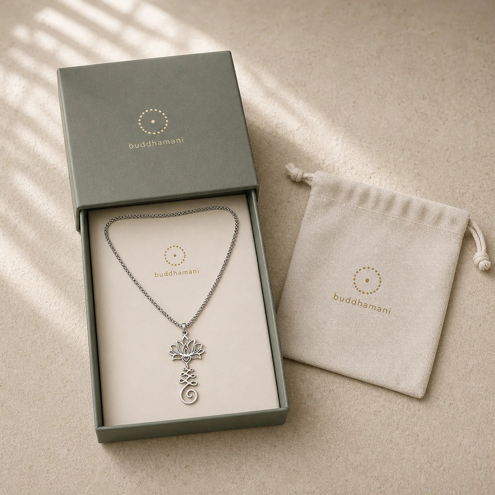 Chakra Symbol Irregular Design Lotus Stainless Steel Enlightenment Necklace Pendant featuring Lotus, Lotus Symbol