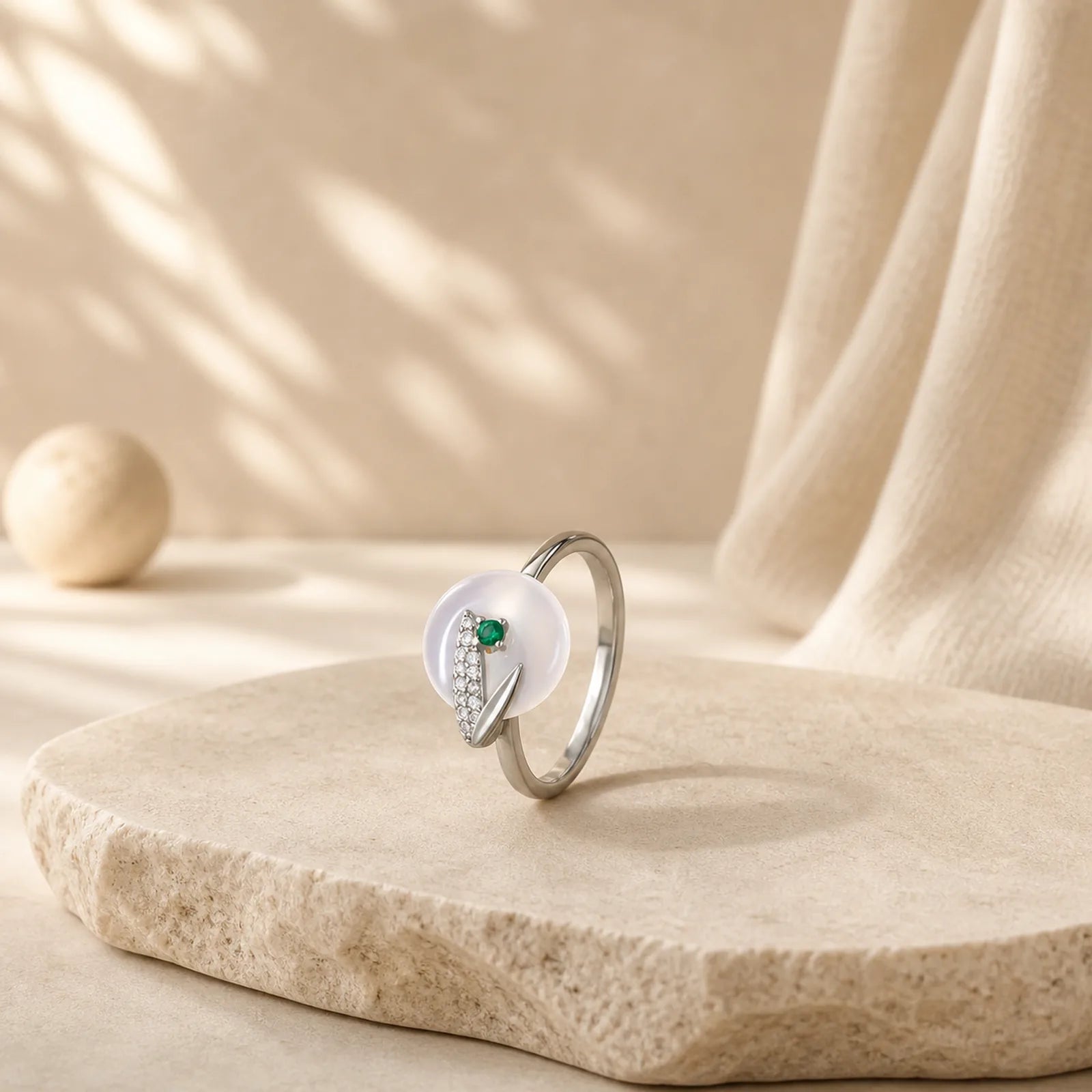 Chalcedony Bamboo Leaf Pattern Positive Adjustable Ring featuring Chalcedony, Bamboo, Copper