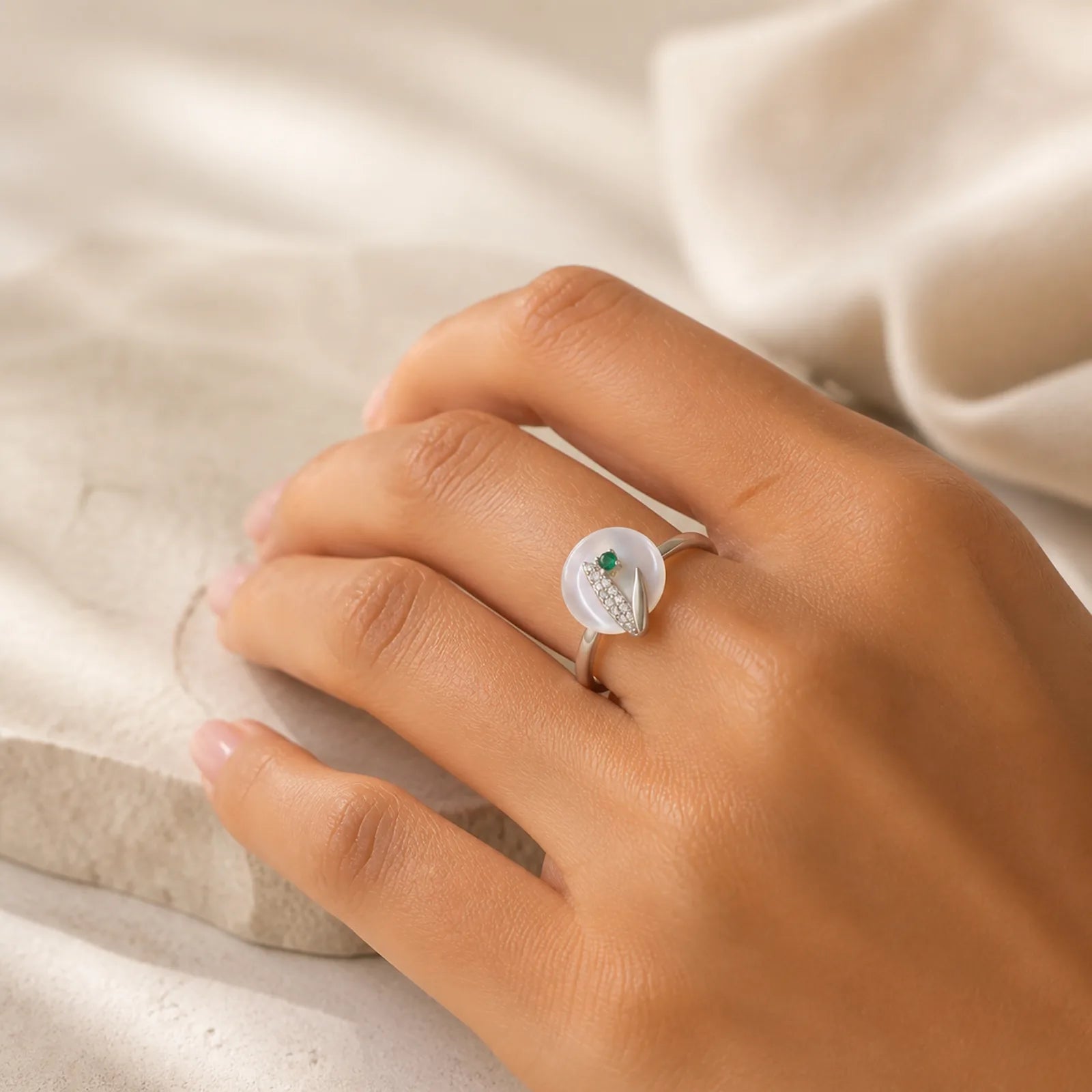 Chalcedony Bamboo Leaf Pattern Positive Adjustable Ring featuring Chalcedony, Bamboo, Copper