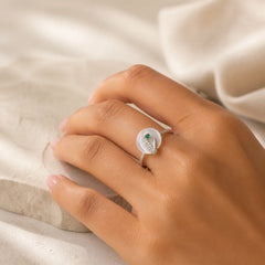 Chalcedony Bamboo Leaf Pattern Positive Adjustable Ring featuring Chalcedony, Bamboo, Copper