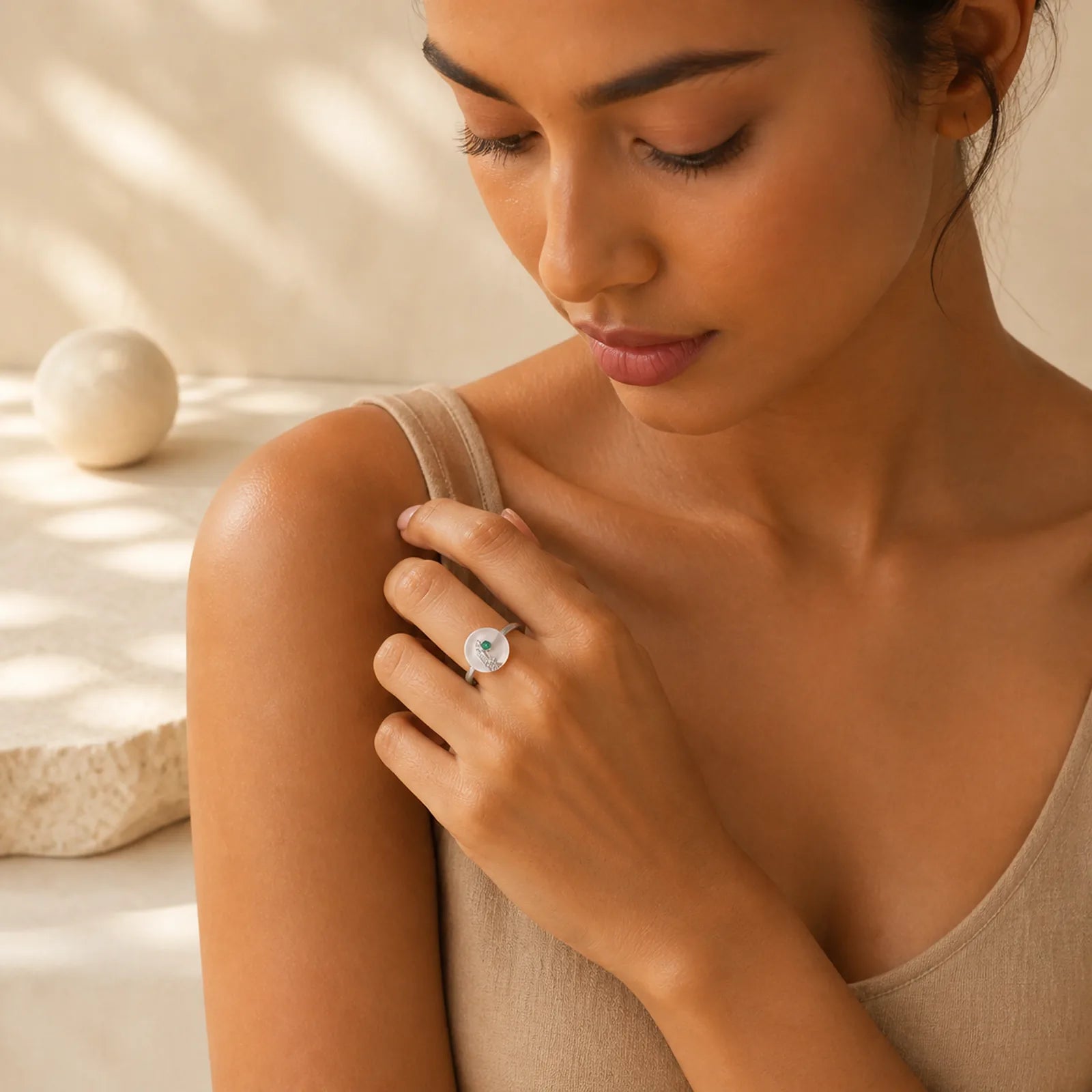 Chalcedony Bamboo Leaf Pattern Positive Adjustable Ring featuring Chalcedony, Bamboo, Copper