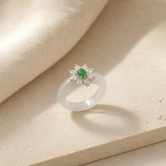Chalcedony Flower Green Zircon Positive Ring featuring Chalcedony