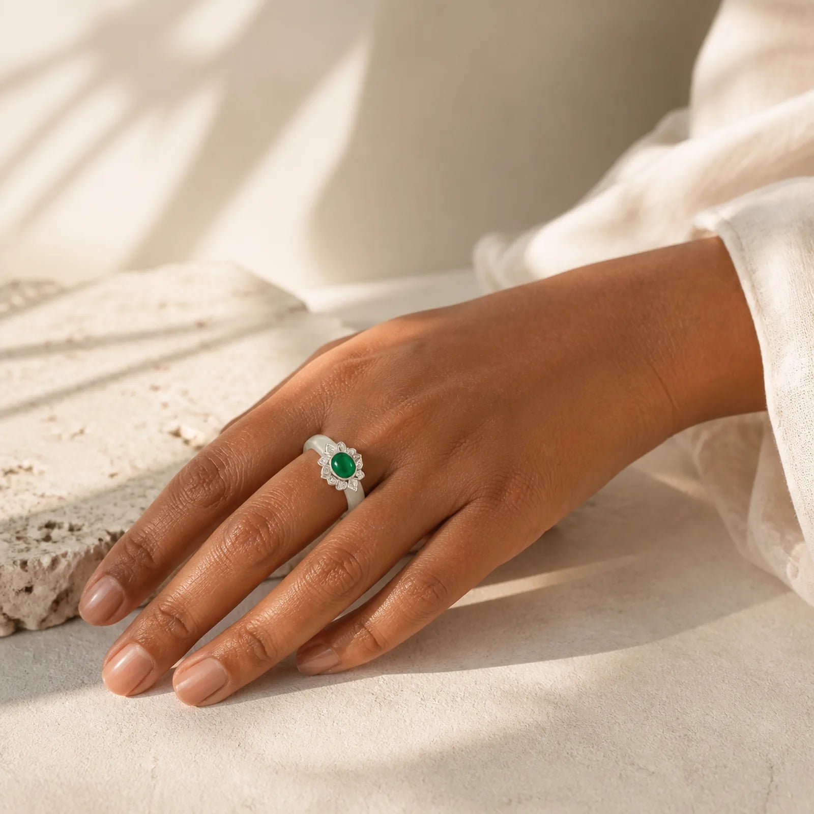 Chalcedony Flower Green Zircon Positive Ring featuring Chalcedony
