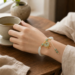 Chalcedony Hetian Jade 925 Sterling Silver Auspicious Cloud Ruyi Lock Harmony Cuff Half Bracelet Bangle featuring Chalcedony, Jade, Silver