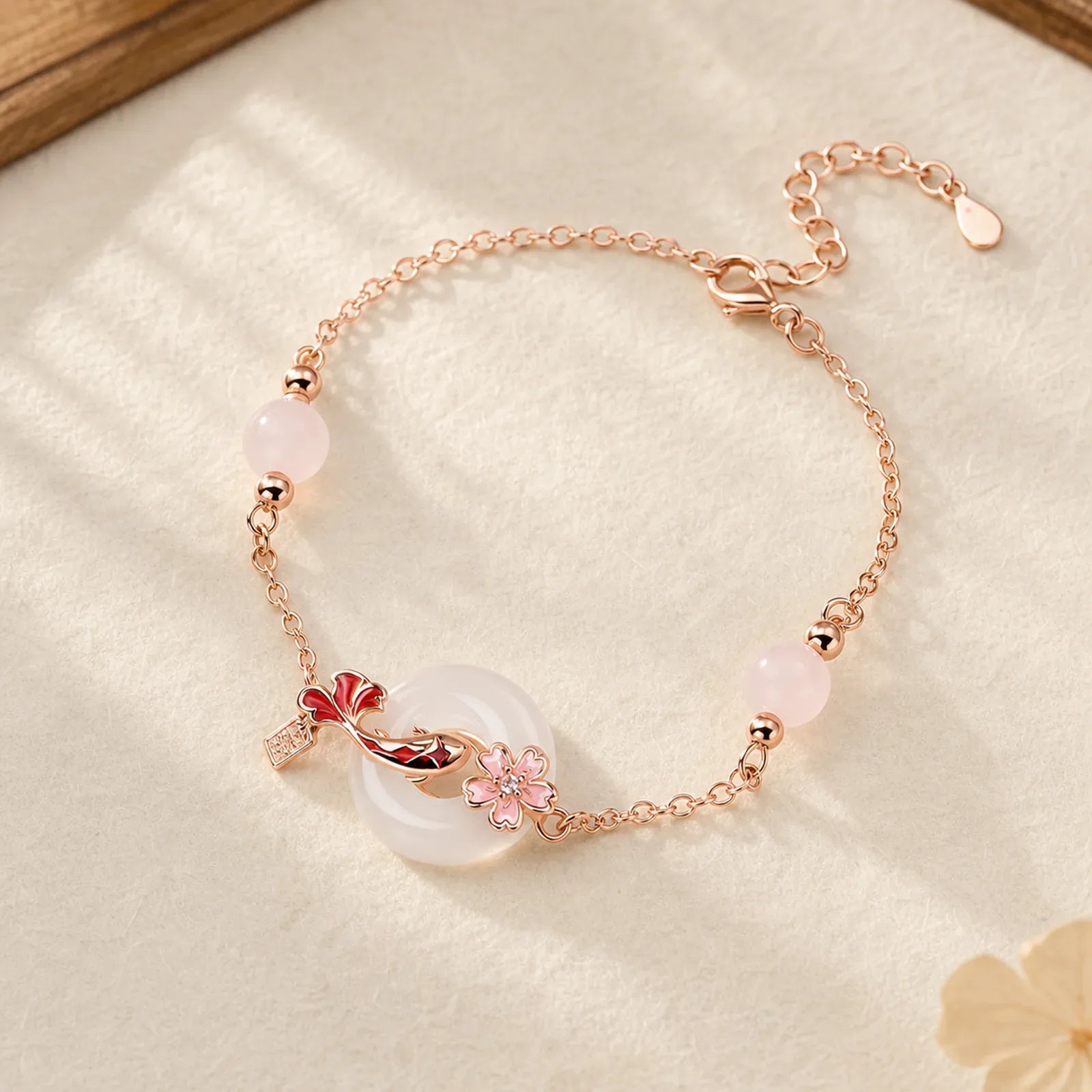 Chalcedony Pink Crystal 925 Sterling Silver Flowers Koi Fish Peace Buckle Positive Bracelet featuring Chalcedony, Pink Crystal, Silver