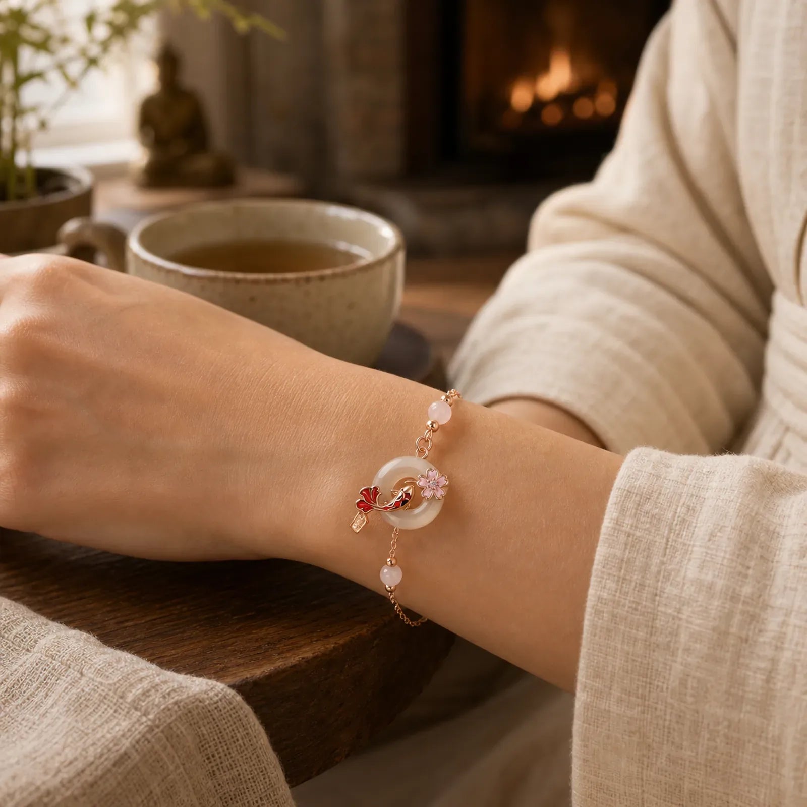 Chalcedony Pink Crystal 925 Sterling Silver Flowers Koi Fish Peace Buckle Positive Bracelet featuring Chalcedony, Pink Crystal, Silver