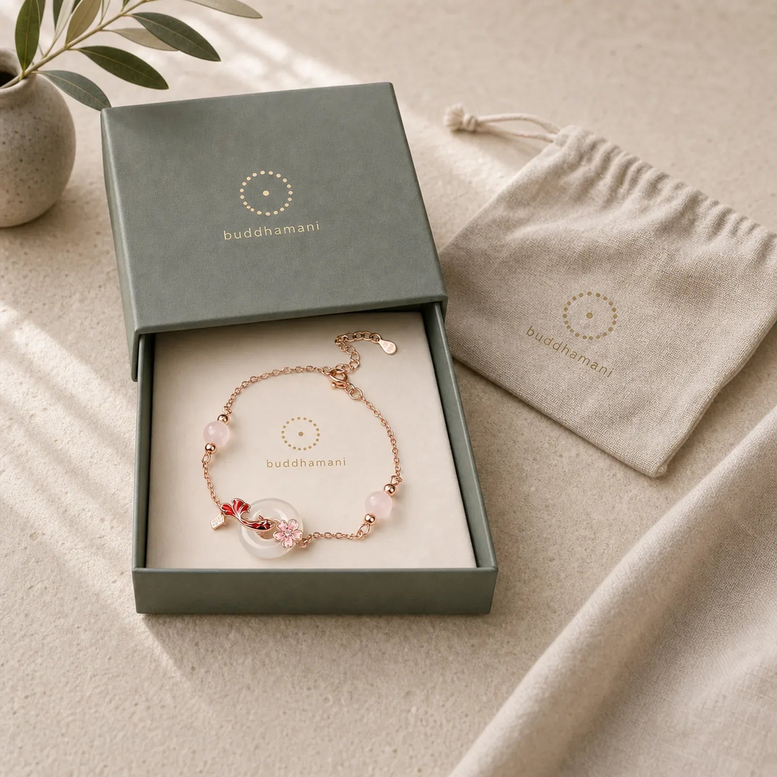 Chalcedony Pink Crystal 925 Sterling Silver Flowers Koi Fish Peace Buckle Positive Bracelet featuring Chalcedony, Pink Crystal, Silver
