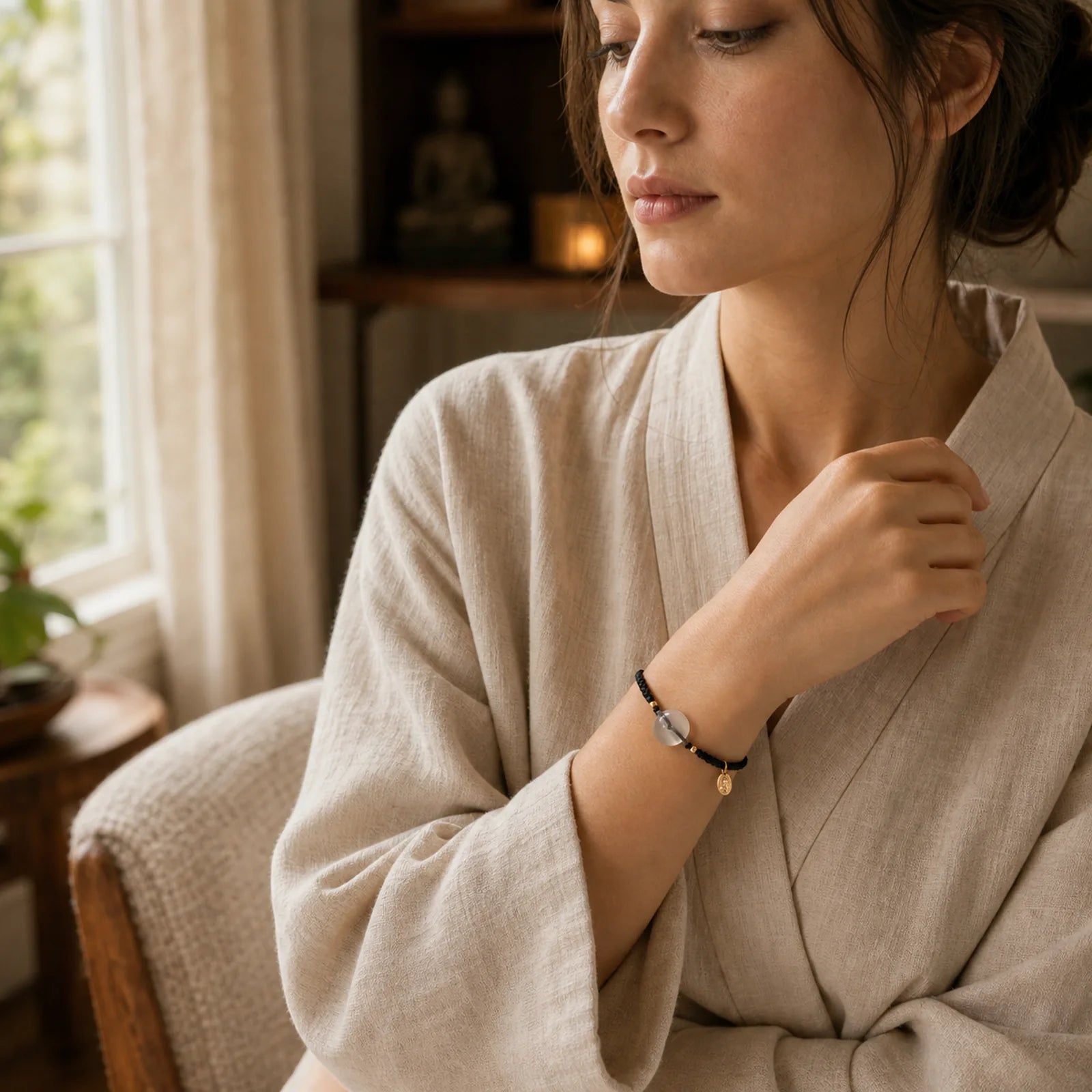 Chalcedony Round Peace Buckle Positive String Bracelet featuring Chalcedony, Peace Buckle, Copper