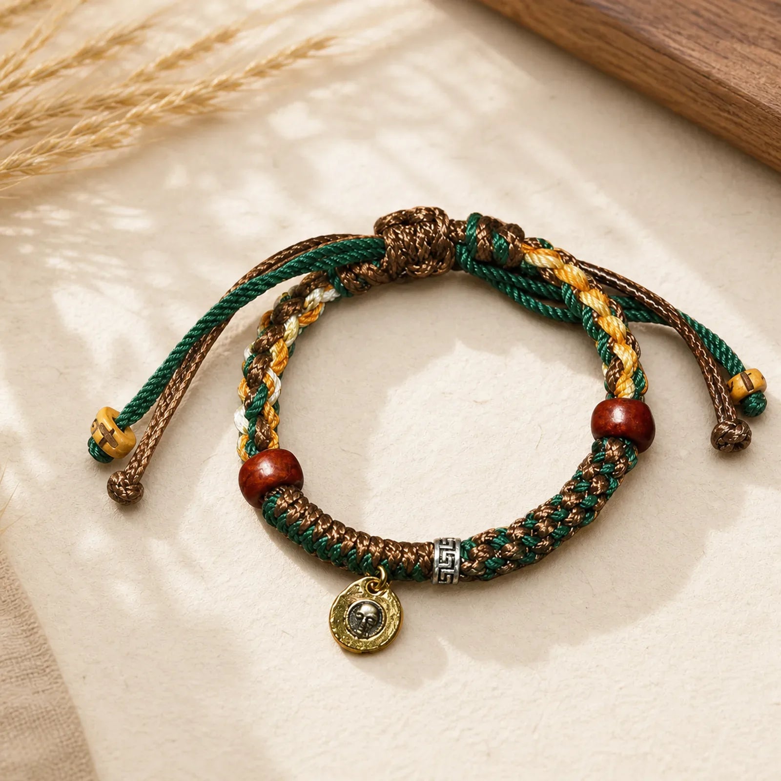 "Cheers to Harmony and Blessings" Tibetan Rope Bracelet Includes Gift Message Card featuring Copper, Silver