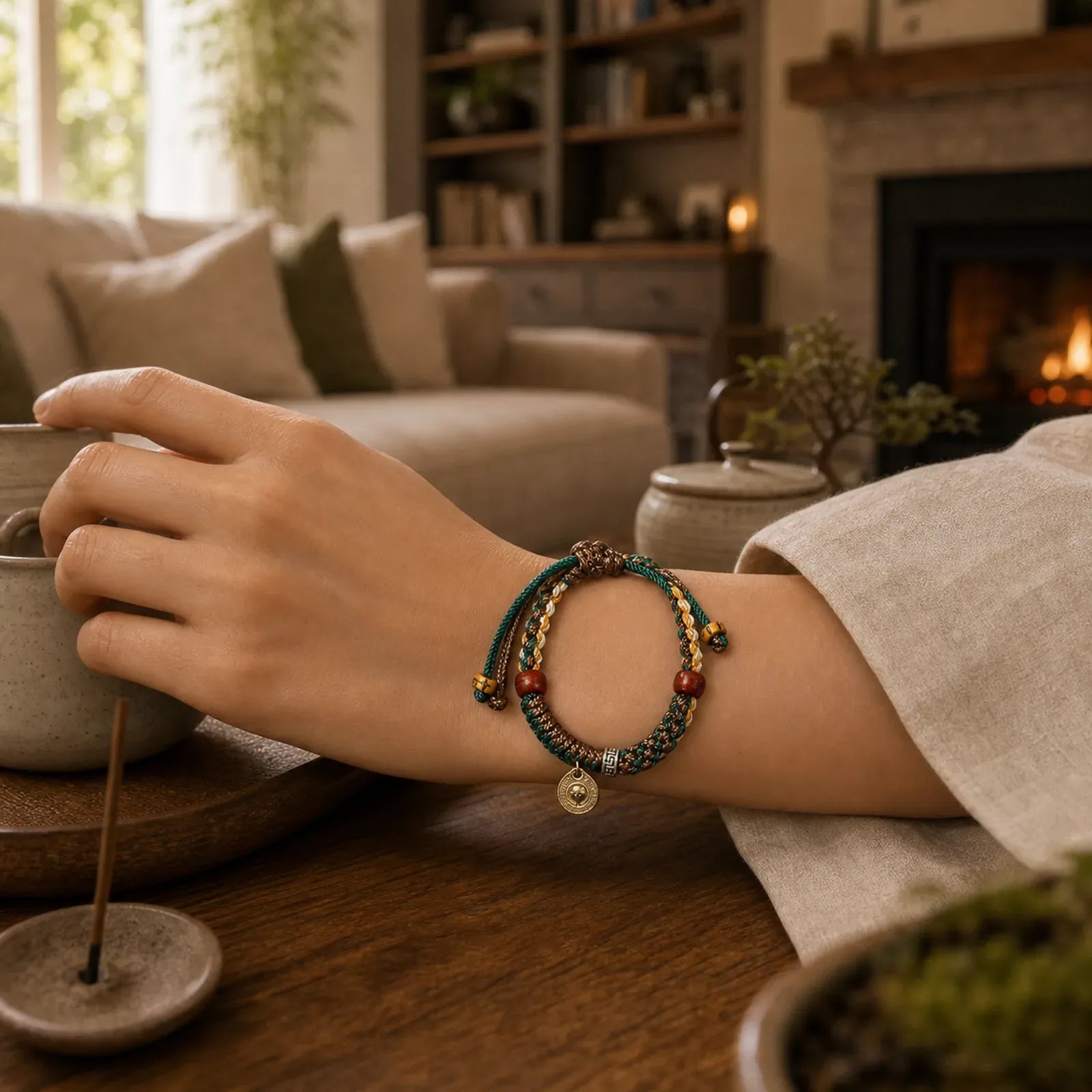 "Cheers to Harmony and Blessings" Tibetan Rope Bracelet Includes Gift Message Card featuring Copper, Silver