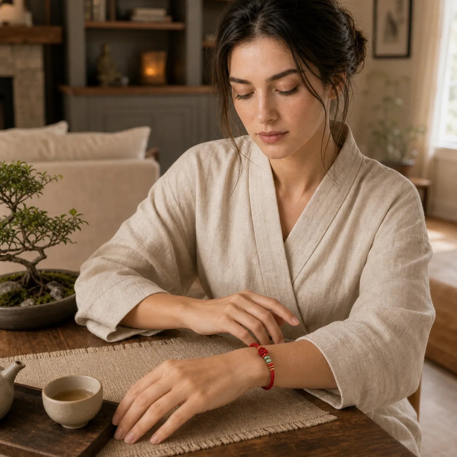 Chinese Knotting Luck Jade Hand-Woven Adjustable Bracelet featuring Chinese Knotting, Jade, Red String