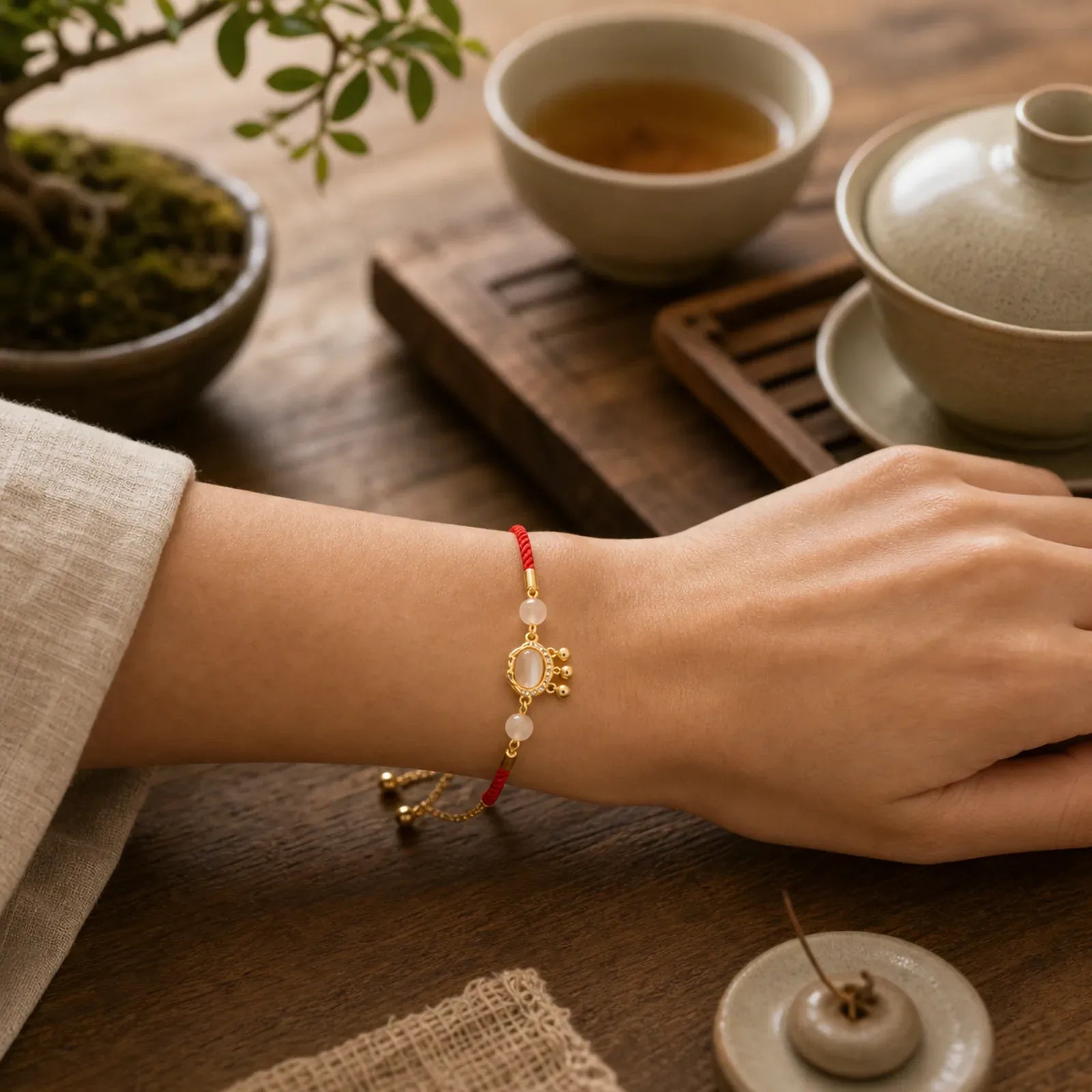 Chinese Lock Charm Cat's Eye Red String Copper Plated Gold Protection Bracelet featuring Cat's Eye / Chrysoberyl, Red String, Copper