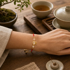 Chinese Lock Charm Cat's Eye Red String Copper Plated Gold Protection Bracelet featuring Cat's Eye / Chrysoberyl, Red String, Copper