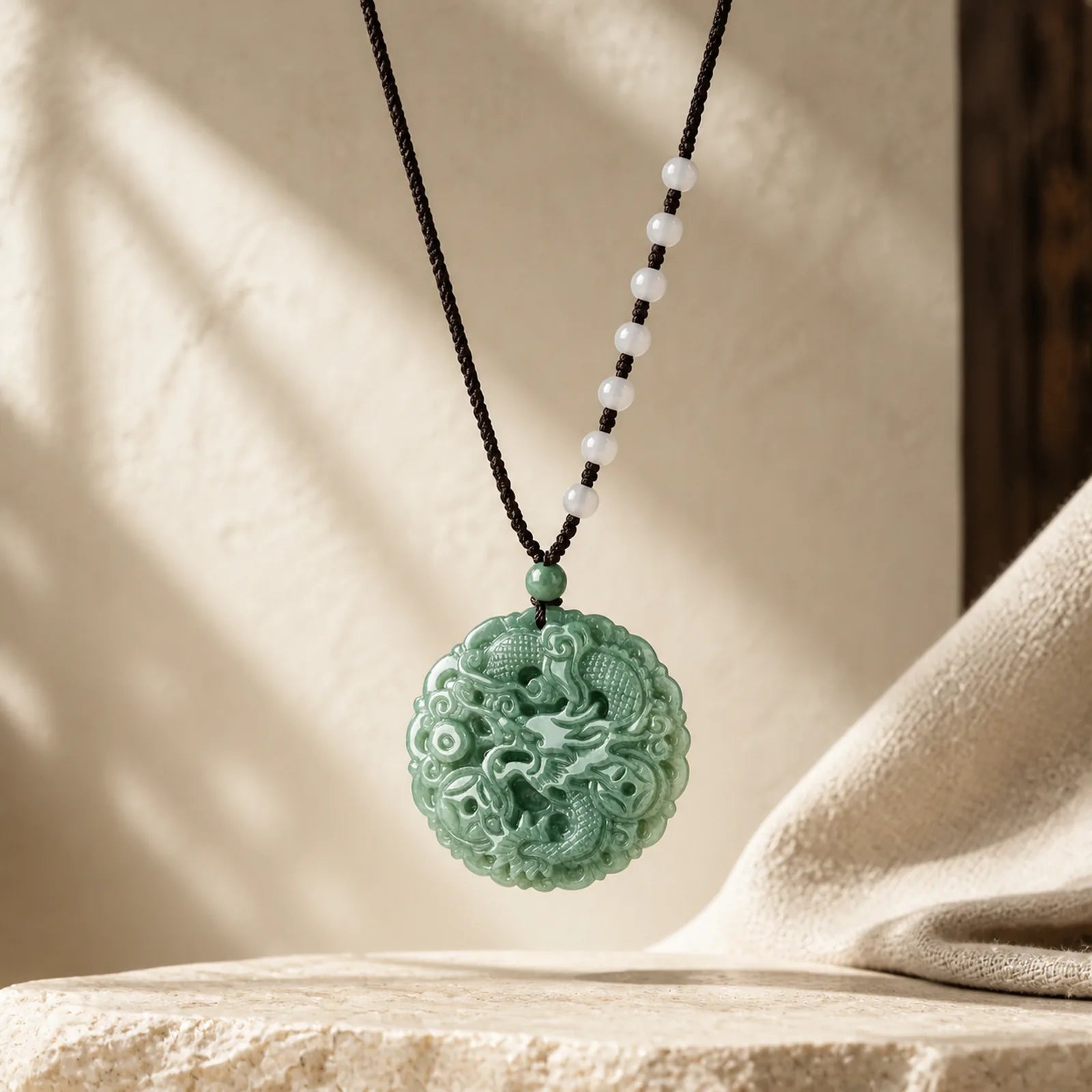 Chinese Zodiac Dragon Jade Fortune Necklace String Pendant featuring Dragon, Jade, Dragon Symbol