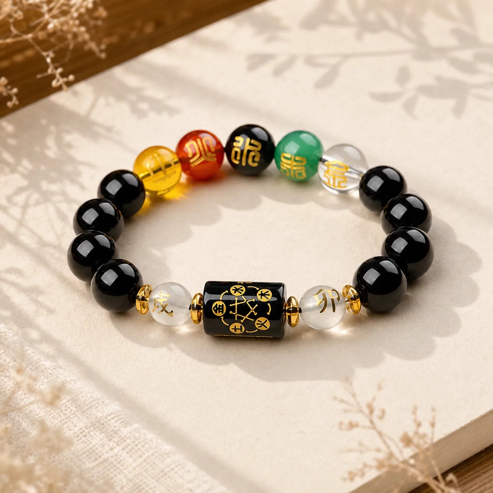 Chinese Zodiac Feng Shui Obsidian Five-Element Wealth Porsperity Bracelet featuring Five Elements, Dragon, Horse