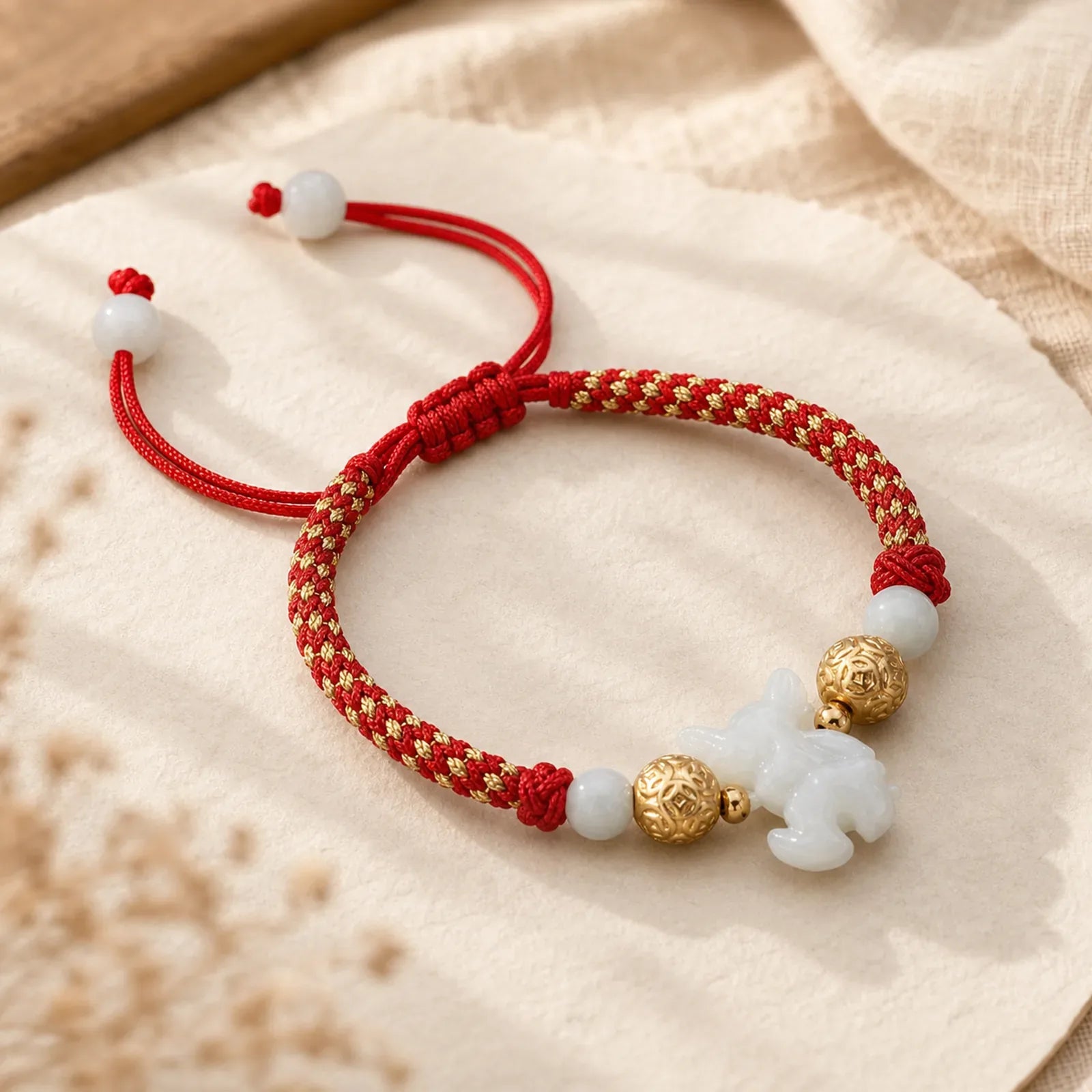 Chinese Zodiac Jade Silver Beads Year Of The Horse Red String Luck Bracelet featuring Jade, Silver, Horse