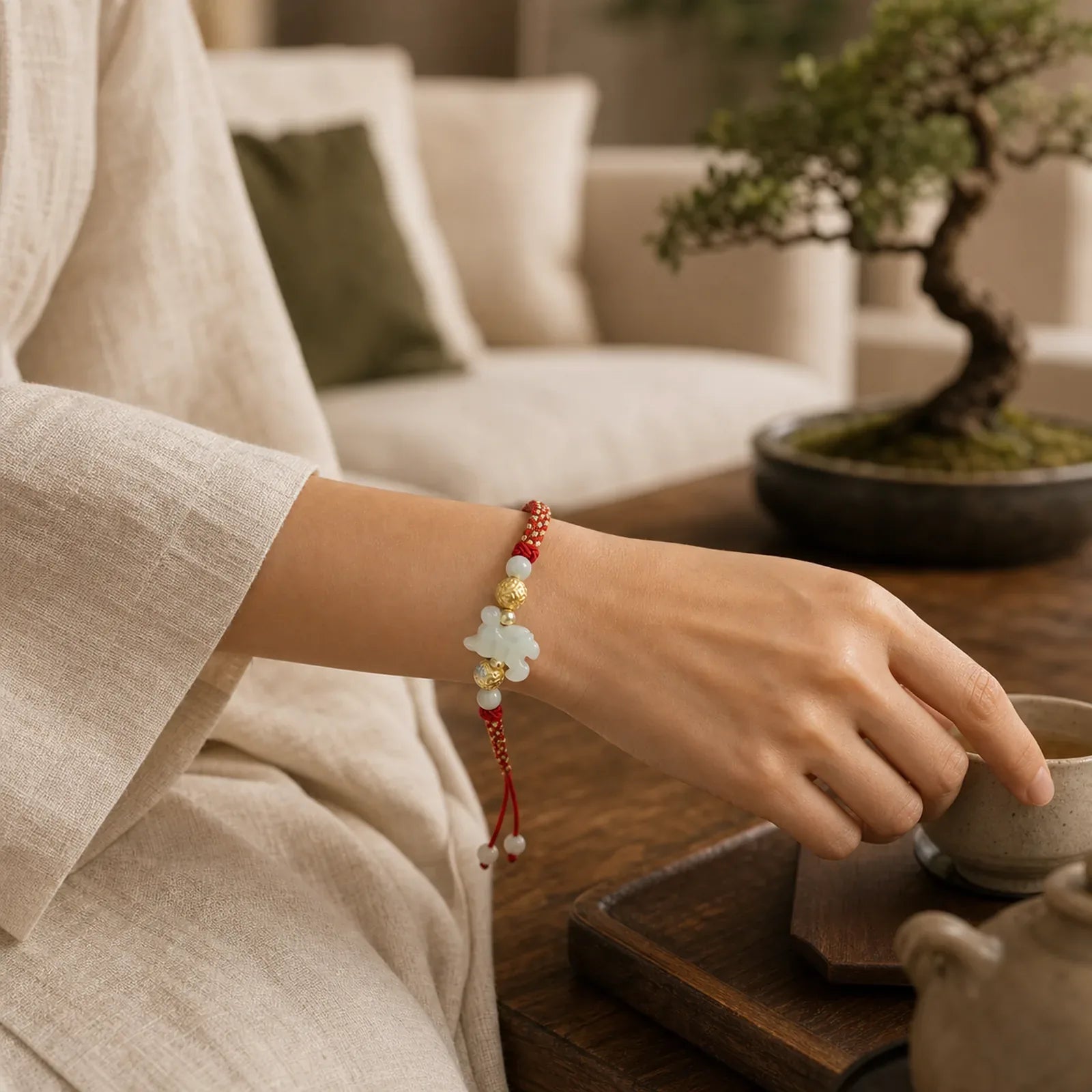Chinese Zodiac Jade Silver Beads Year Of The Horse Red String Luck Bracelet featuring Jade, Silver, Horse