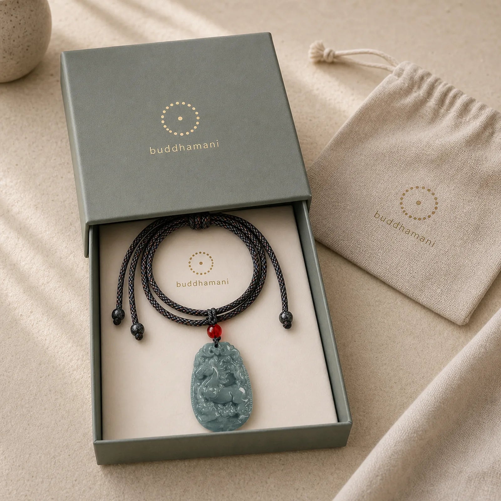 Chinese Zodiac Jade Year of the Horse Luck Rope Necklace Pendant featuring Jade, Horse, Dragon