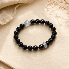 Chinese Zodiac Natal Buddha 925 Sterling Silver Black Obsidian Moonstone Strength Bracelet featuring Silver, Black Obsidian, Moonstone