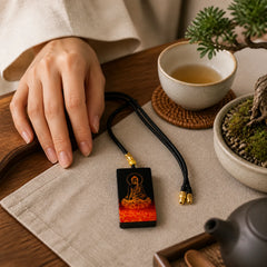 Chinese Zodiac Natal Buddha Fu Character Lacquer Craft Sandalwood Pendant Necklace featuring Fu Character, Sandalwood, Bamboo