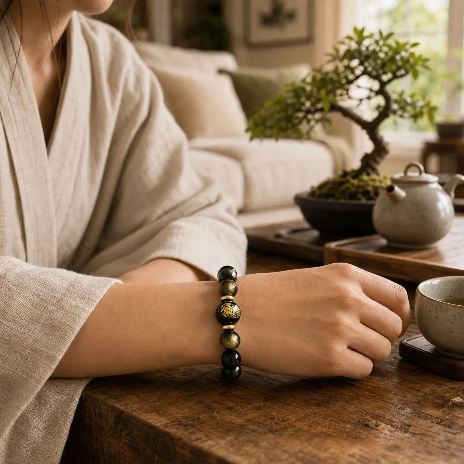 Chinese Zodiac Natal Buddha Gold Sheen Obsidian Wealth Protection Bracelet featuring Gold Sheen Obsidian, Obsidian, Dragon