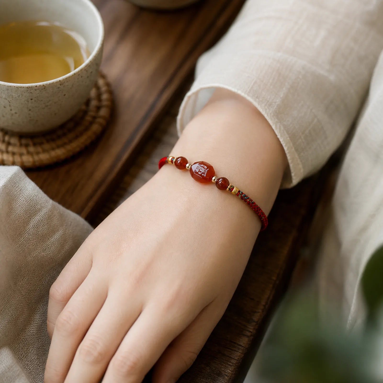 Chinese Zodiac Natal Buddha Small Leaf Red Sandalwood Red String Protection Bracelet featuring Small Leaf Red Sandalwood, Red Sandalwood, Sandalwood