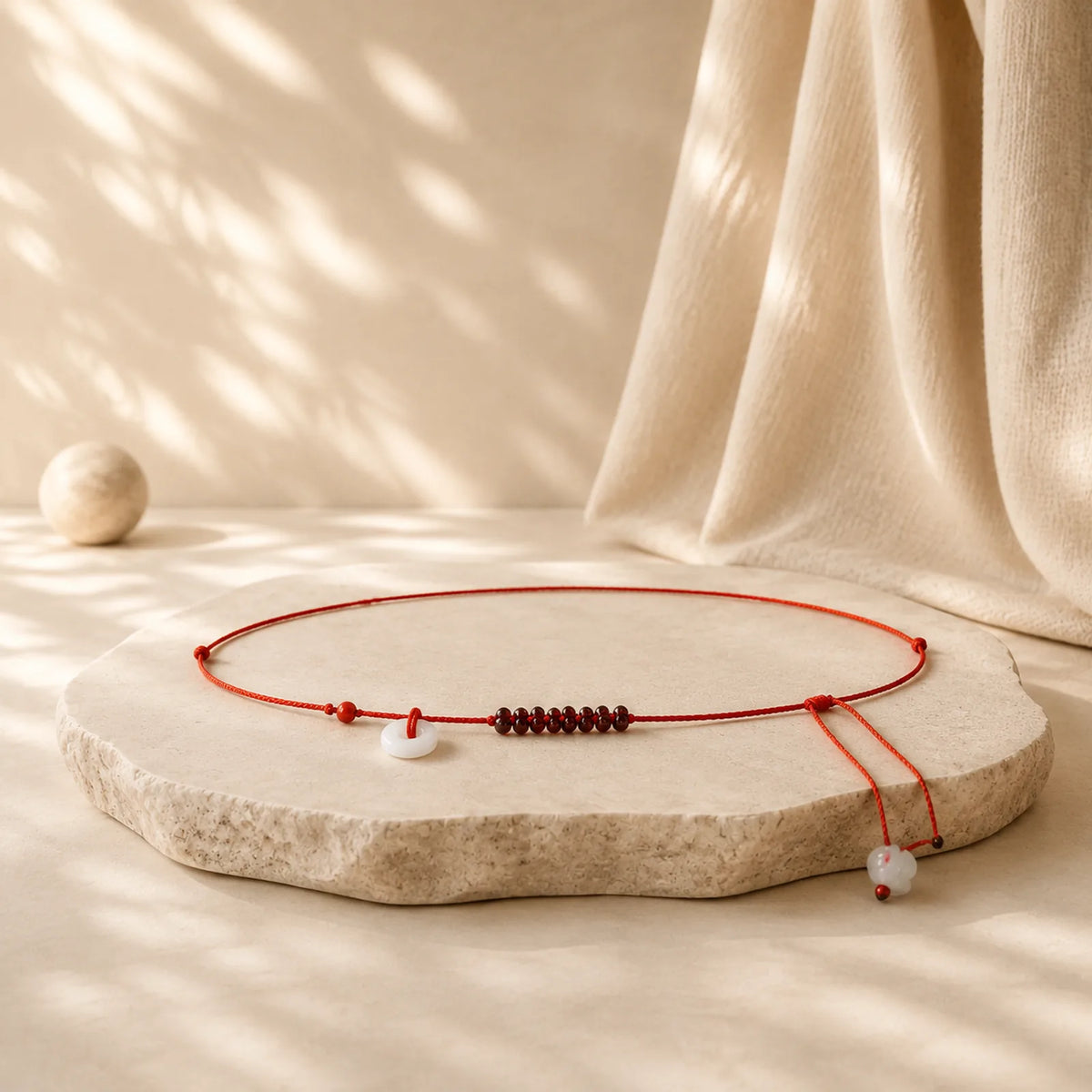 Chinese Zodiac Natural Garnet Peace Buckle Blessing Red String Belly Chain featuring Garnet, Peace Buckle, Red String