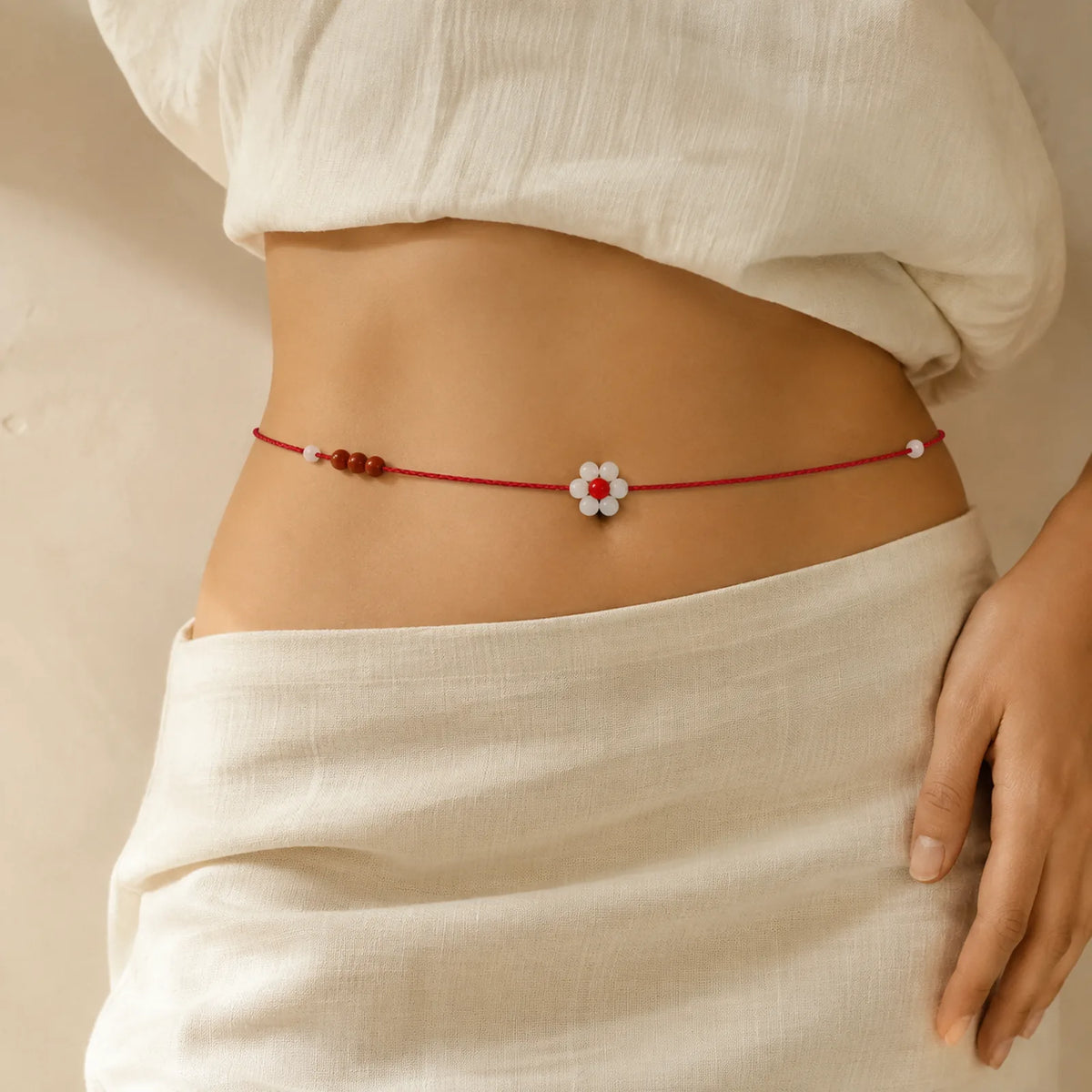 Chinese Zodiac Peach Wood Blessing Red String Belly Chain featuring Peach Wood, Red String, Peace Buckle