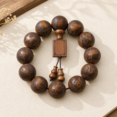 Chinese Zodiac Rosewood Ebony Copper Coin PiXiu Carved Warmth Bracelet featuring Rosewood, Ebony, Copper
