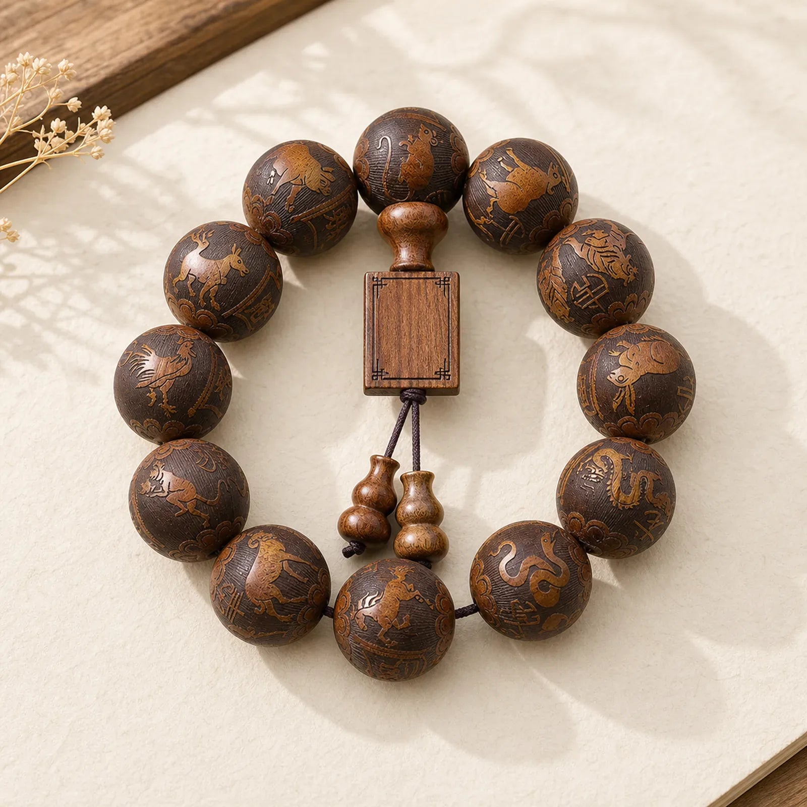 Chinese Zodiac Rosewood Ebony Copper Coin PiXiu Carved Warmth Bracelet featuring Rosewood, Ebony, Copper