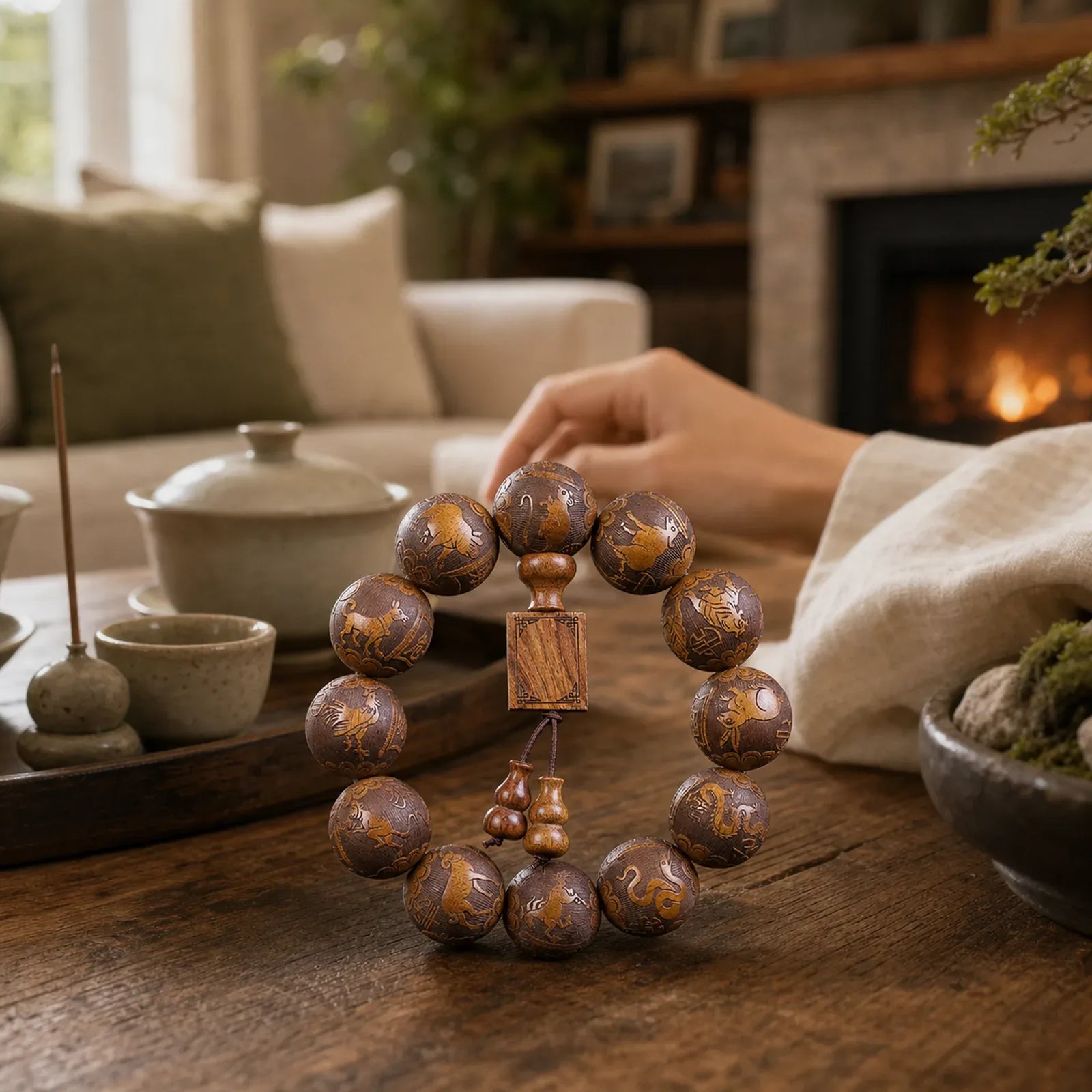 Chinese Zodiac Rosewood Ebony Copper Coin PiXiu Carved Warmth Bracelet featuring Rosewood, Ebony, Copper