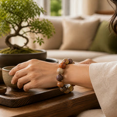 Chinese Zodiac Rosewood Green Sandalwood Ebony Wood Copper Coin Carved Calm Bracelet featuring Rosewood, Green Sandalwood, Sandalwood