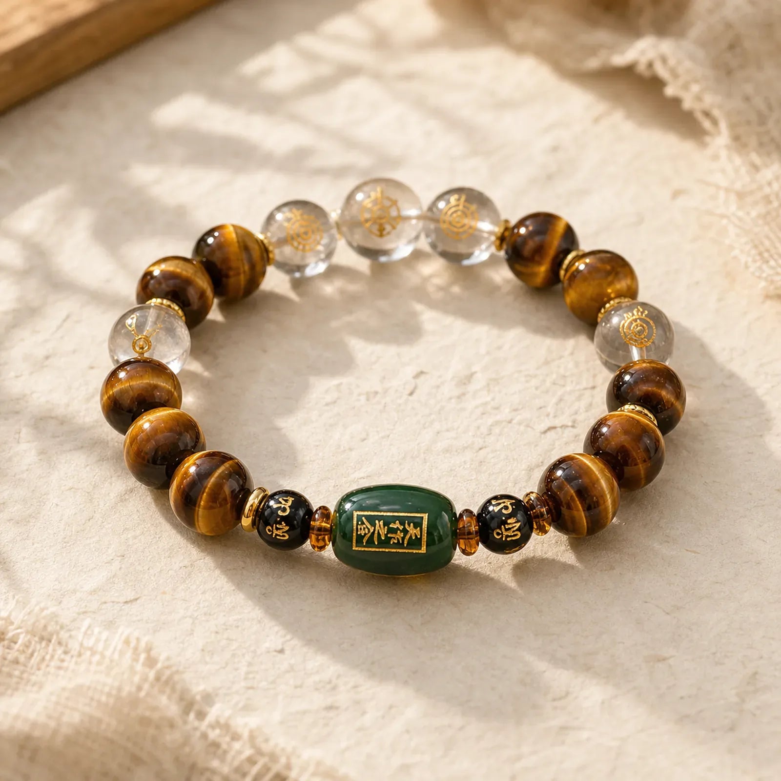 Chinese Zodiac Tiger Eye White Crystal Courage Bracelet featuring Tiger Eye, Clear Quartz / White Crystal, Dragon