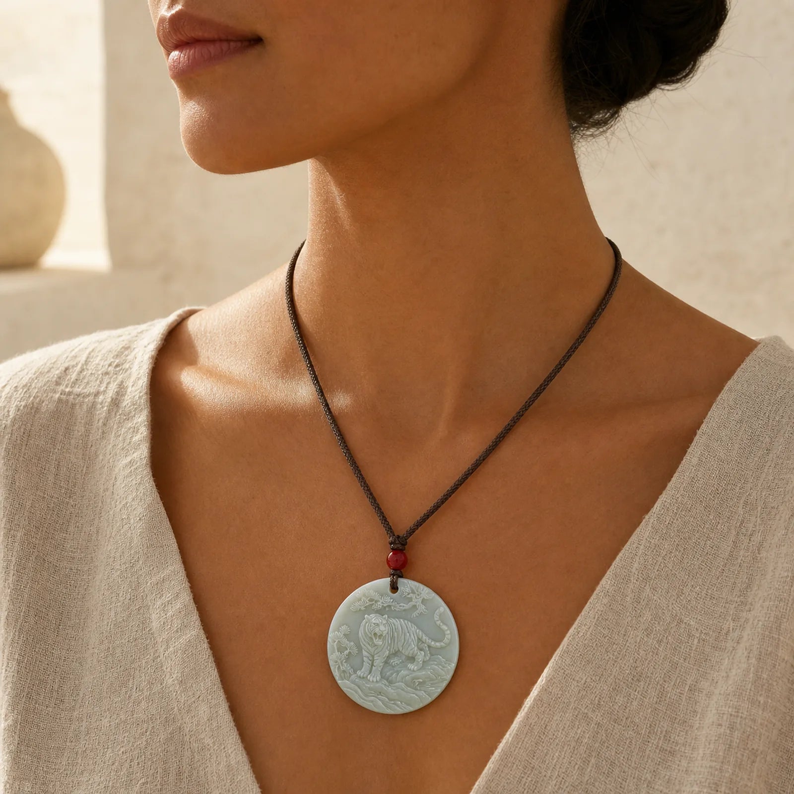 Chinese Zodiac Tiger Jade Protection Necklace String Pendant featuring Jade, Dragon, Horse