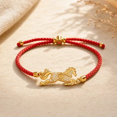 Chinese Zodiac Year Of The Horse 925 Sterling Silver Golden Red String Luck Bracelet featuring Horse, Silver, Red String