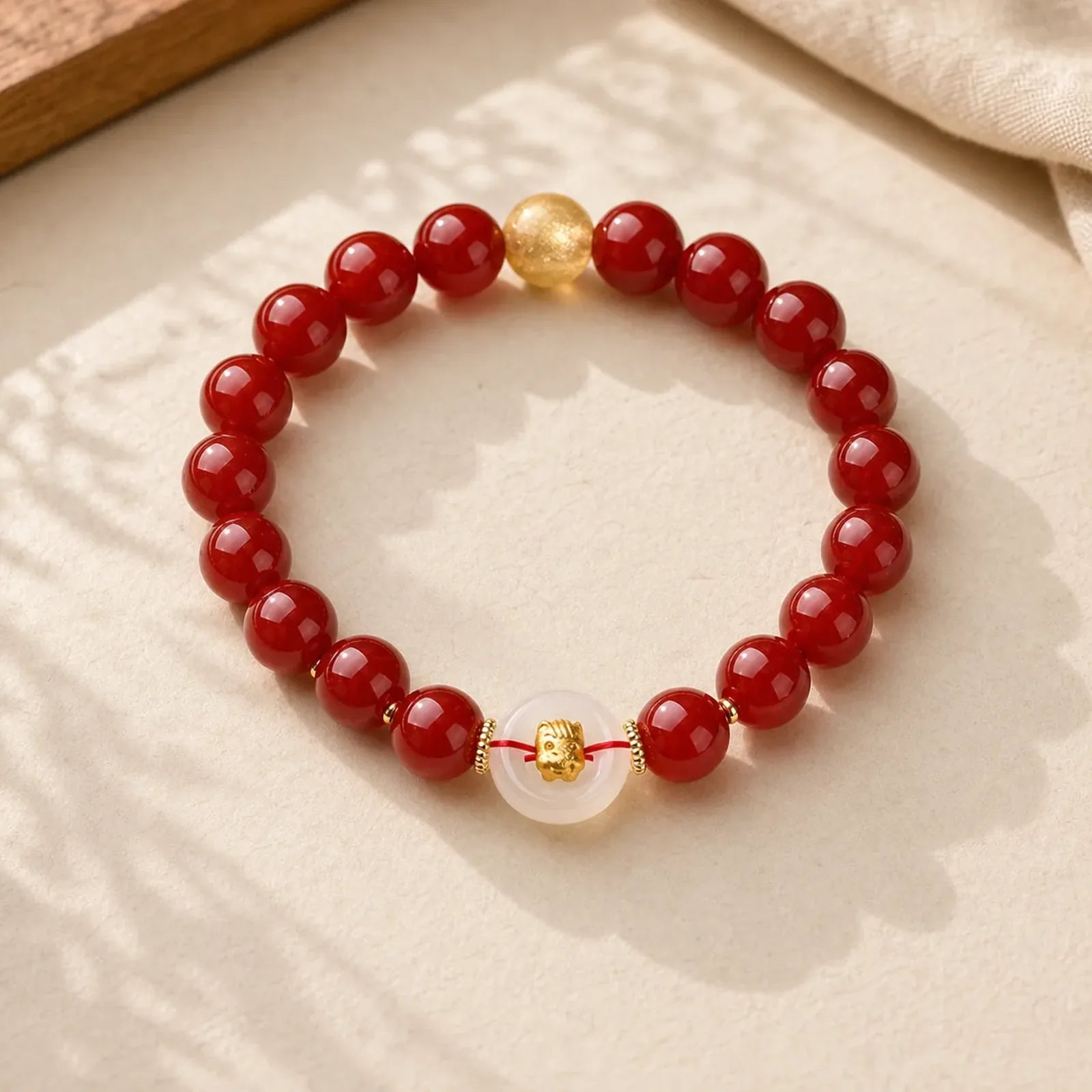 Chinese Zodiac Year Of The Horse Peace Buckle Red Agate White Chalcedony Confidence Bracelet featuring Horse, Peace Buckle, Red Agate