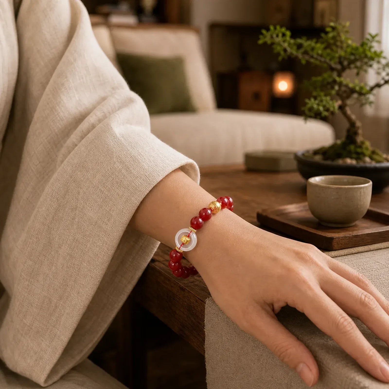 Chinese Zodiac Year Of The Horse Peace Buckle Red Agate White Chalcedony Confidence Bracelet featuring Horse, Peace Buckle, Red Agate
