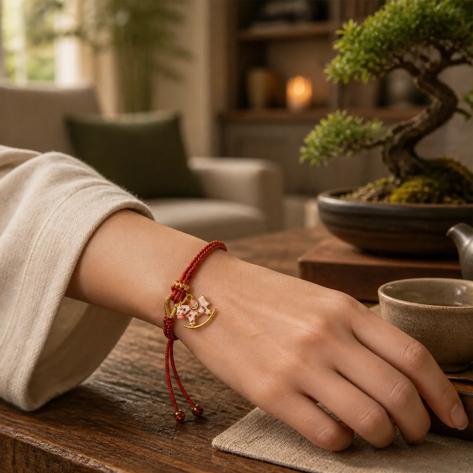 Chinese Zodiac Year of the Horse Red String Luck Braided Bracelet featuring Horse, Red String, Copper