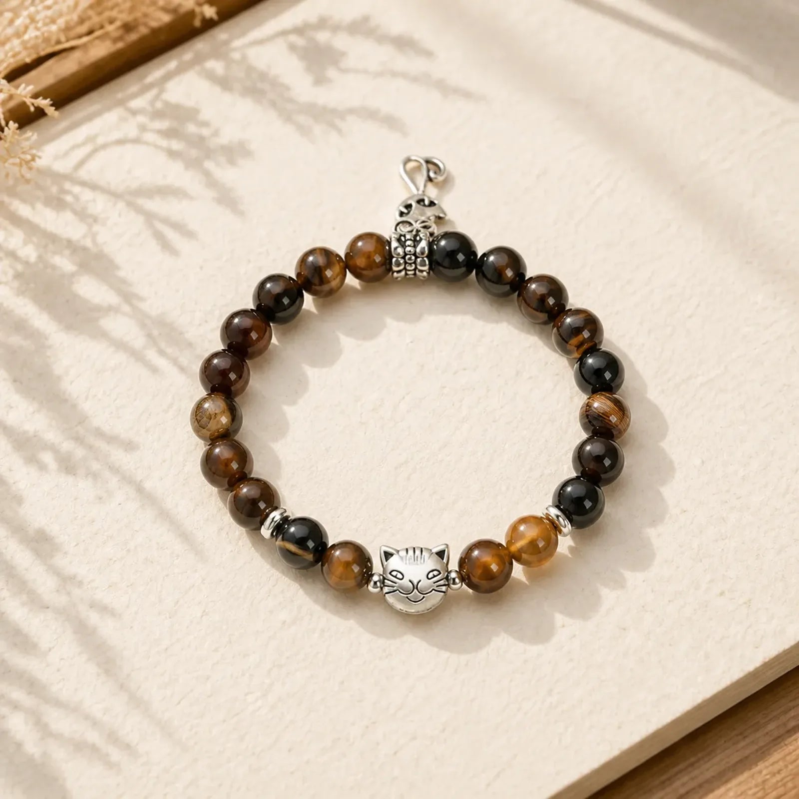 Chocolate Siamese Cat Dark Brown Striped Agate Bead Protection Bracelet featuring Brown Striped Agate, Copper