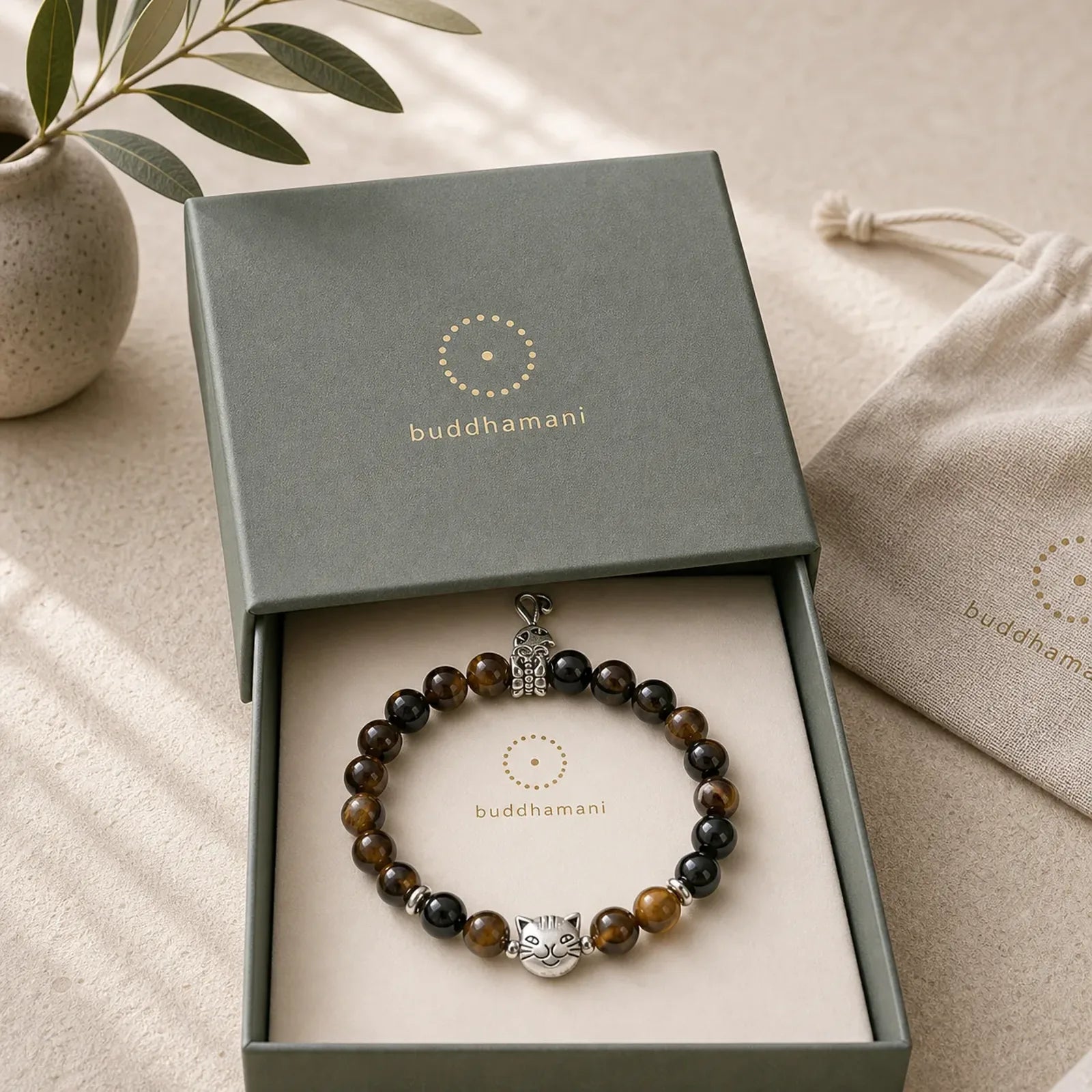 Chocolate Siamese Cat Dark Brown Striped Agate Bead Protection Bracelet featuring Brown Striped Agate, Copper