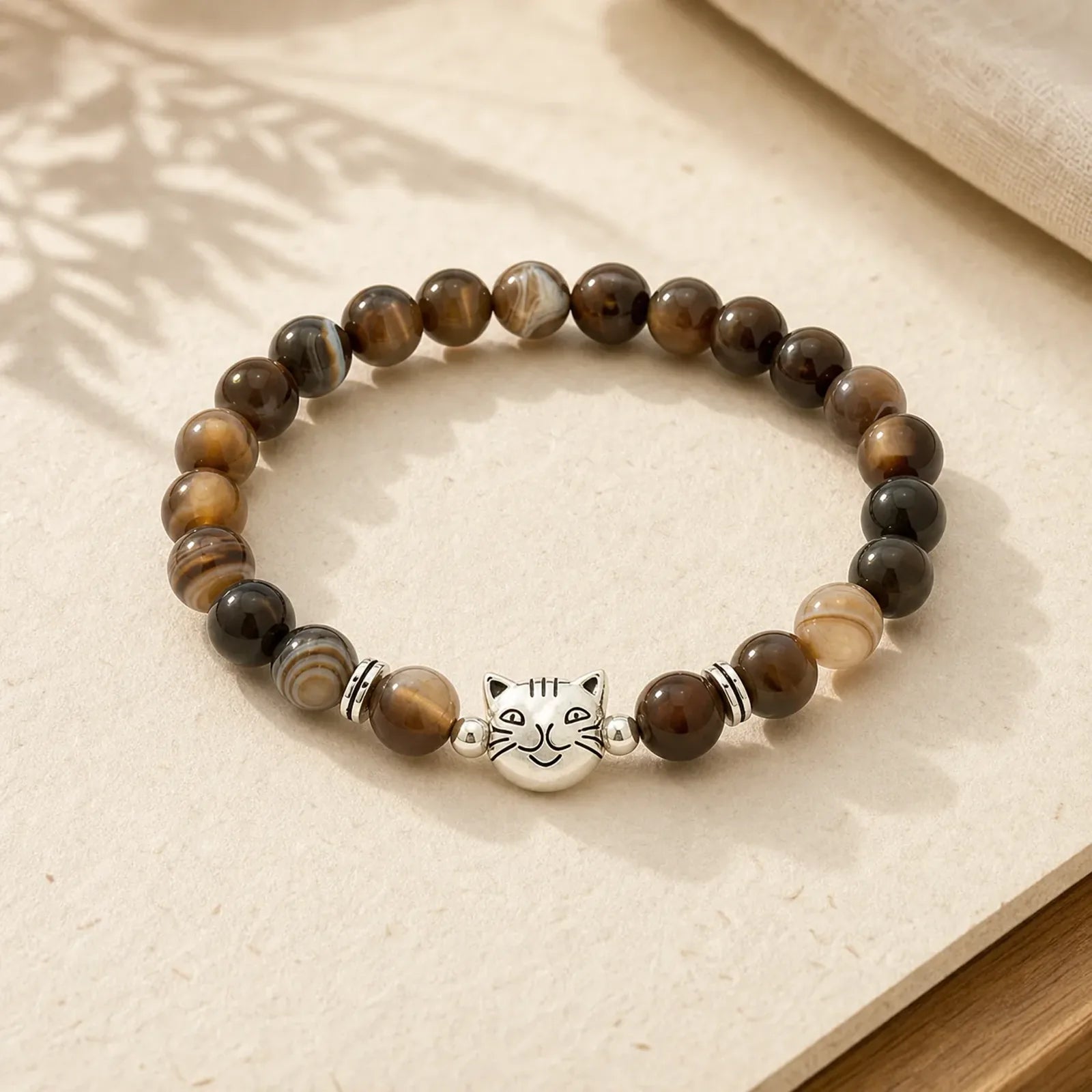 Chocolate Siamese Cat Natural Brown Striped Agate Bead Stability Bracelet featuring Brown Striped Agate, Copper