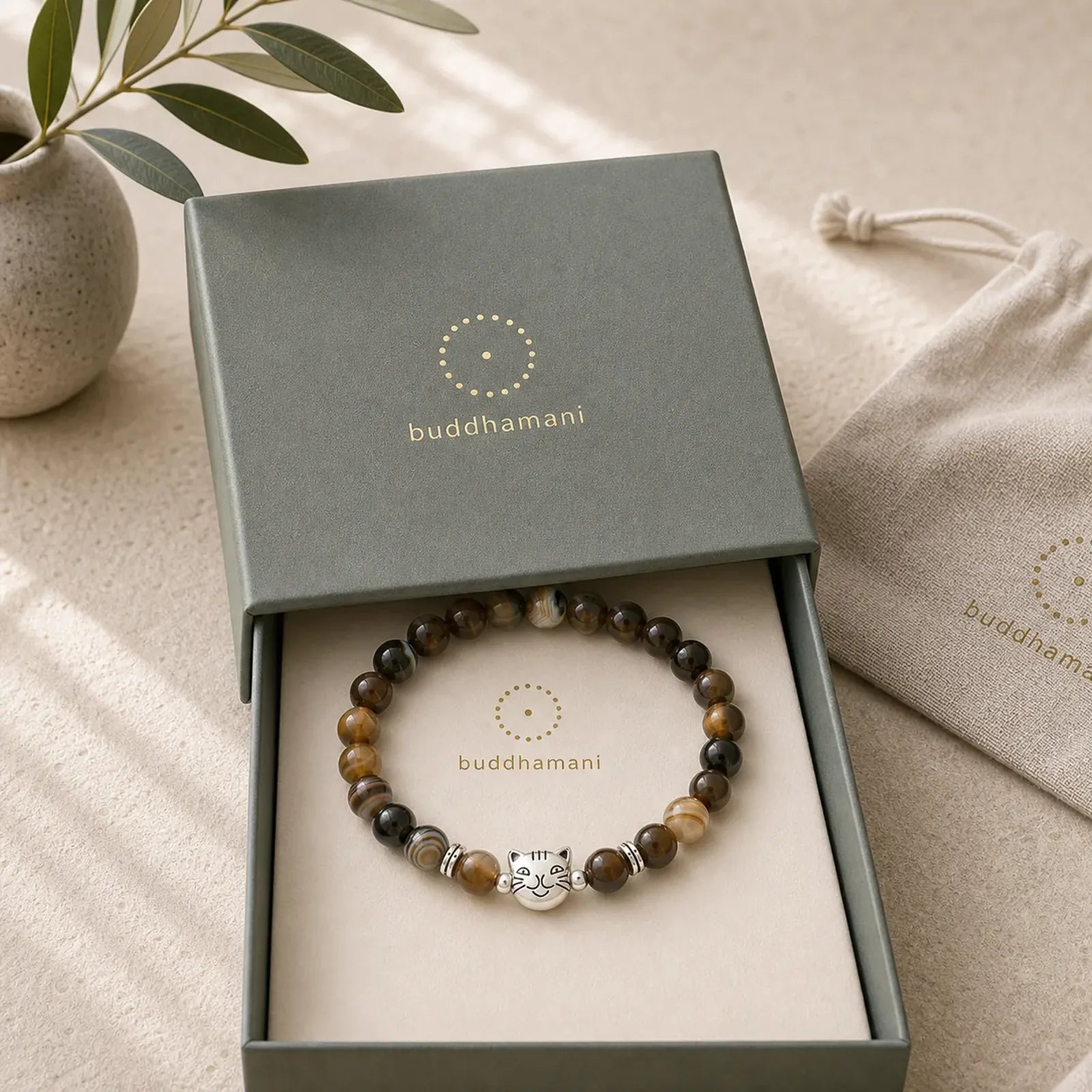 Chocolate Siamese Cat Natural Brown Striped Agate Bead Stability Bracelet featuring Brown Striped Agate, Copper