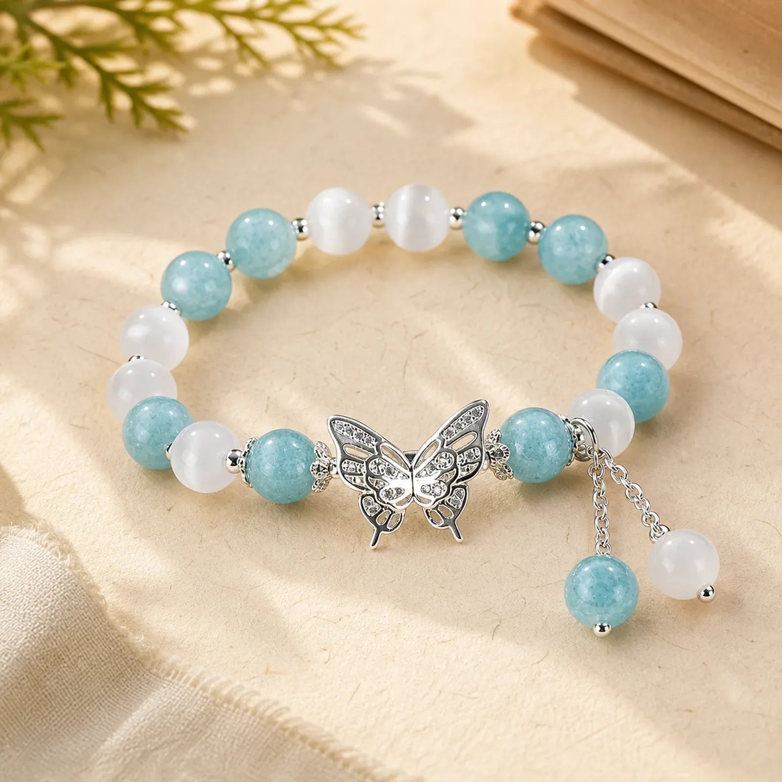 Chrysoberyl Cat's Eye Chalcedony Butterfly Love Bracelet featuring Cat's Eye / Chrysoberyl, Chalcedony, Butterfly