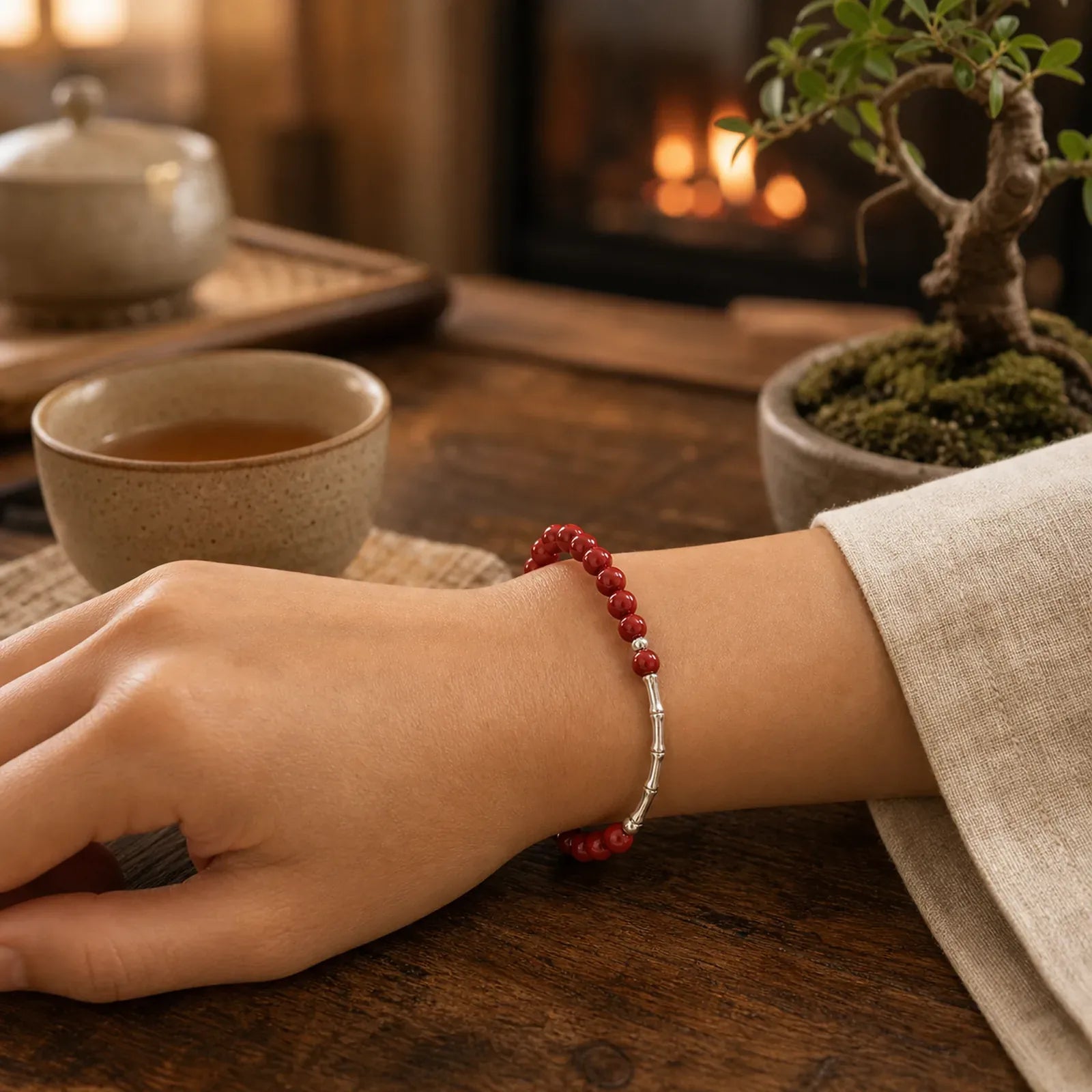 Cinnabar 925 Sterling Silver Calm Concentration Bracelet featuring Cinnabar, Silver