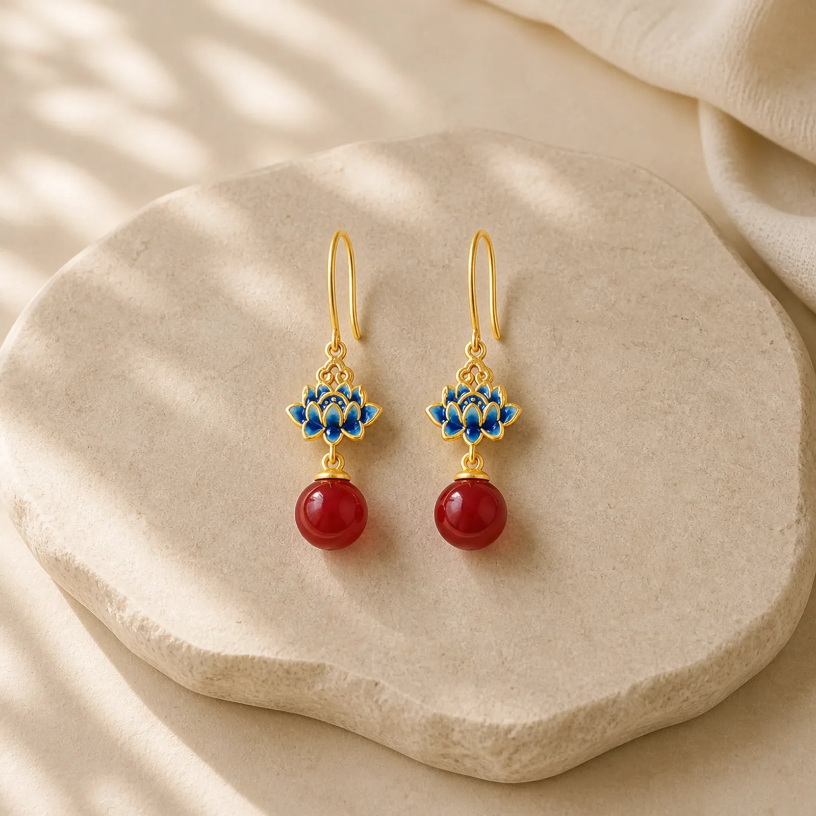 Cinnabar 925 Sterling Silver Enamel Lotus Drop Earrings featuring Cinnabar, Silver, Lotus