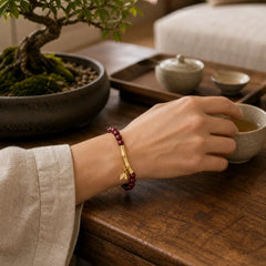 Cinnabar 999 Sterling Silver Bamboo Blessing Bracelet featuring Cinnabar, Silver, Bamboo